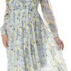 Connecteri  Women Floral Print V Neck Long Sleeves Ruffles Pleated Chiffon Flowy Swing Midi Dress