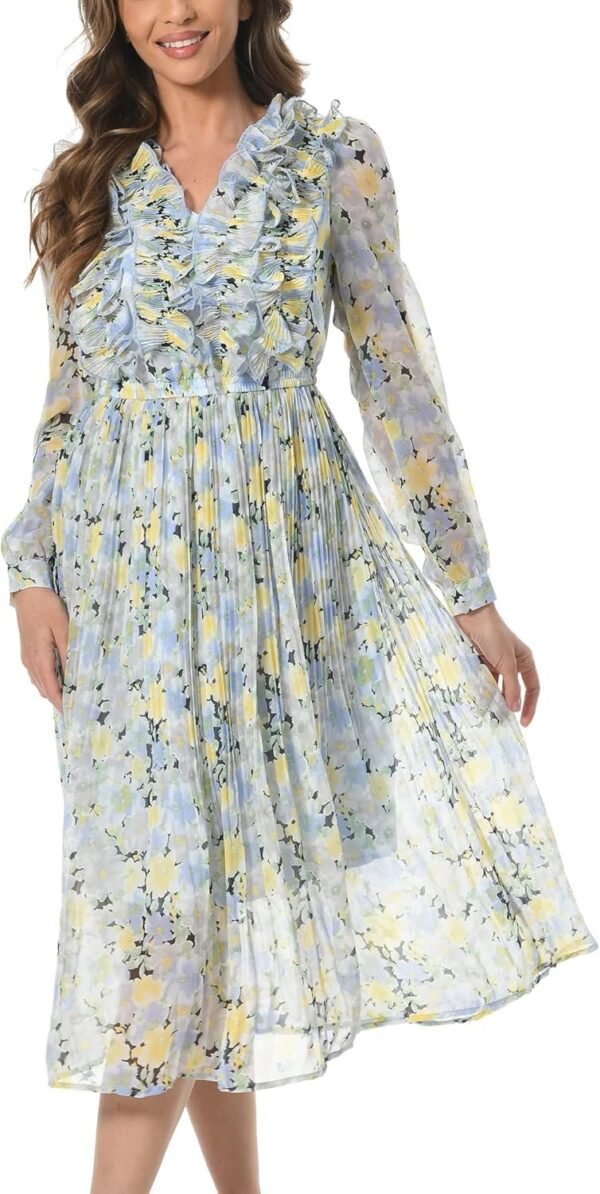Connecteri  Women Floral Print V Neck Long Sleeves Ruffles Pleated Chiffon Flowy Swing Midi Dress
