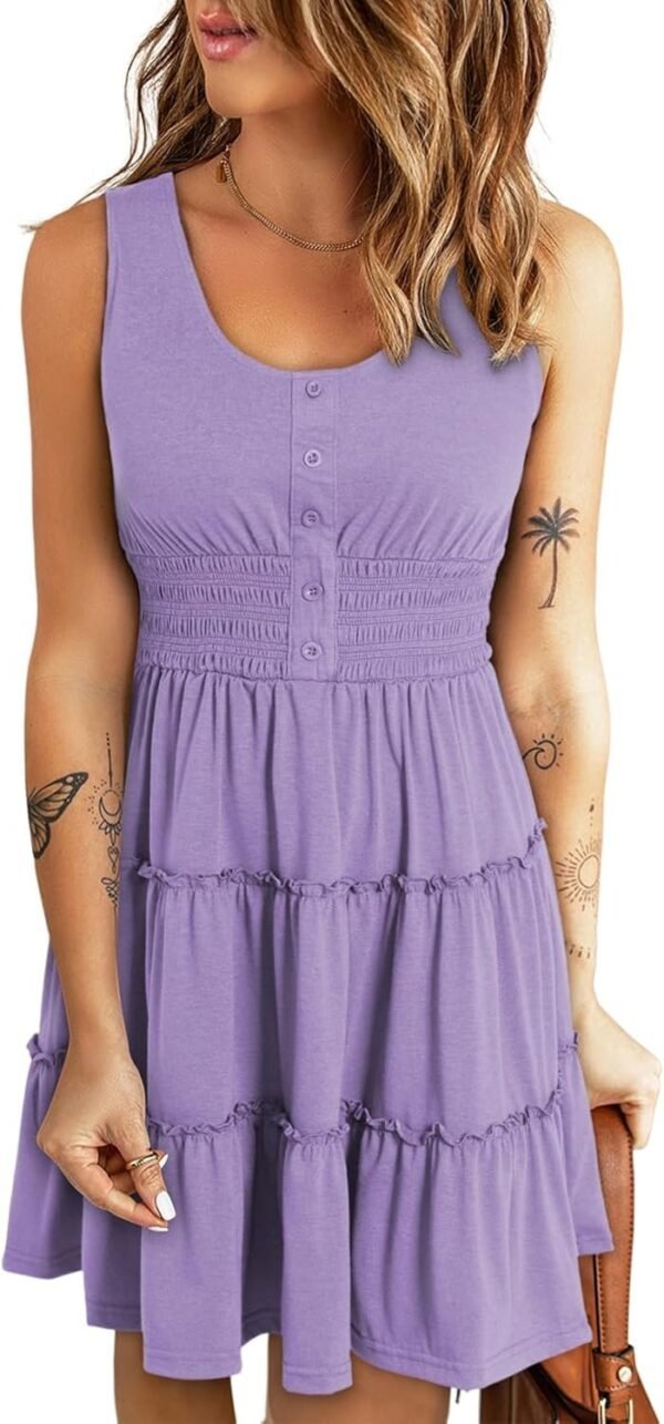 Connecteri  Womens Summer Dresses 2024 Sleeveless Button Down Smocked Elastic Waist Ruffle Tiered Casual Swing Mini Dress
