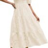 Connecteri  Women's 2024 Summer Puff Sleeve Smocked Floral Dress Crewneck Lace Flowy Tiered Midi Dresses