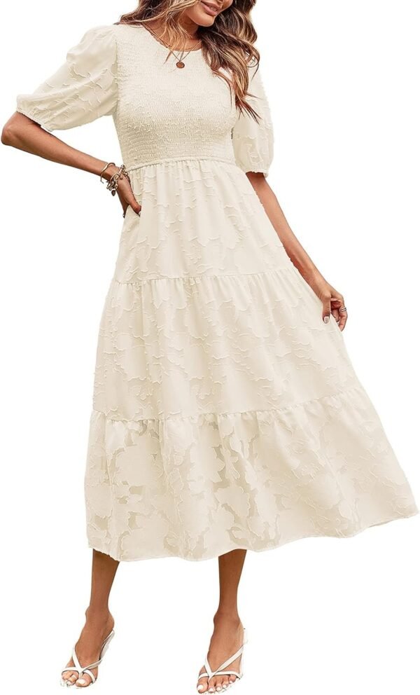 Connecteri  Women's 2024 Summer Puff Sleeve Smocked Floral Dress Crewneck Lace Flowy Tiered Midi Dresses