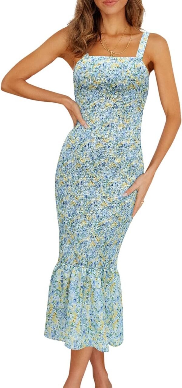 Connecteri Womens Sleeveless Strappy Ruffle Hem Smocked Bodycon Dress