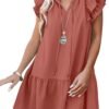 Connecteri  Womens Summer V-Neck Drawstring Ruffle Cap Short Sleeve Casual Shift Mini Dress with Pockets