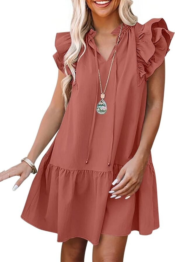 Connecteri  Womens Summer V-Neck Drawstring Ruffle Cap Short Sleeve Casual Shift Mini Dress with Pockets