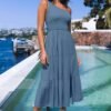 Connecteri  Women's Summer One Shoulder Sleeveless Knot Smocked Midi Dress Split Tiered Flowy Dresses