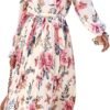 Connecteri  Women's Floral Midi Dress Puff Long Sleeve Casual Ruffle Chiffon A-Line Swing Pleated Belted Tea Party Dresses