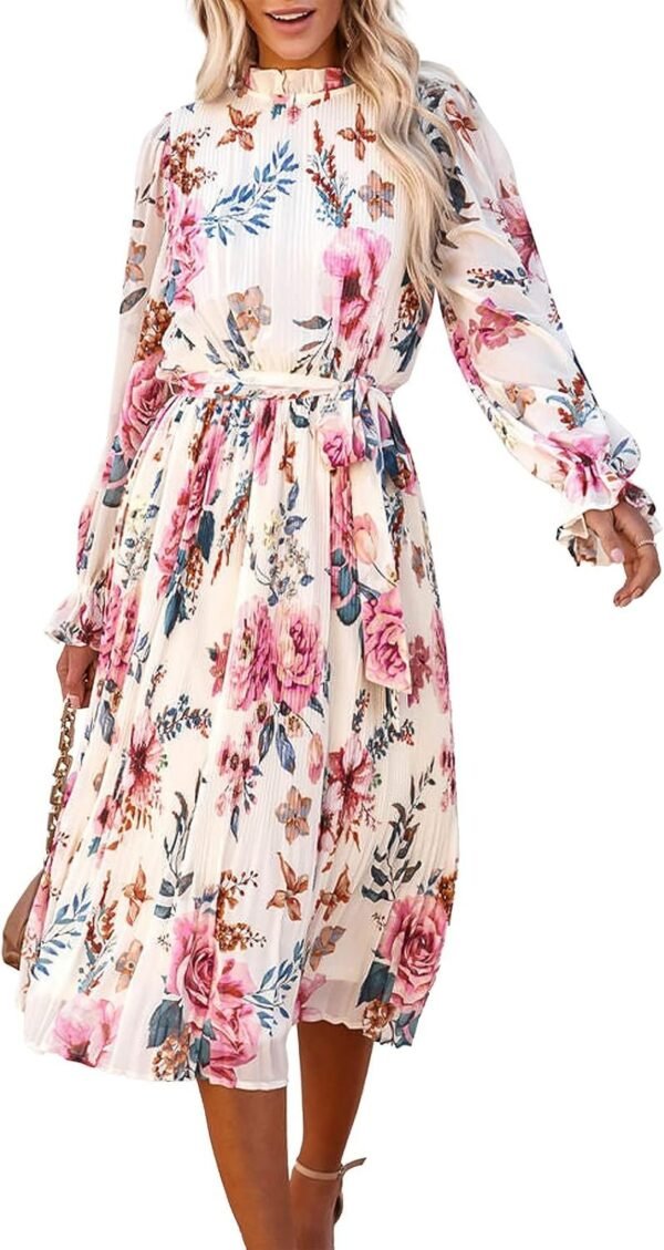 Connecteri  Women's Floral Midi Dress Puff Long Sleeve Casual Ruffle Chiffon A-Line Swing Pleated Belted Tea Party Dresses