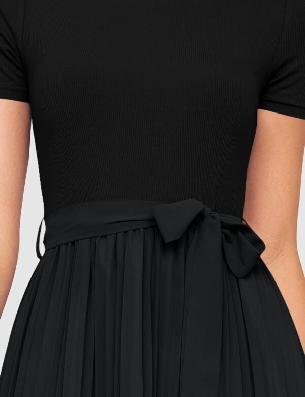 Connecteri Womens Summer Short Sleeve Midi Dresses Spring Casual Crew Neck Knit Belted Pleated A Line Flowy Wedding Guest Dress