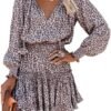 Connecteri  Womens Summer Dresses 2024 Boho Floral Drawstring V Neck Smocked Long Sleeve Ruffle Tiered Chiffon Mini Short Dress