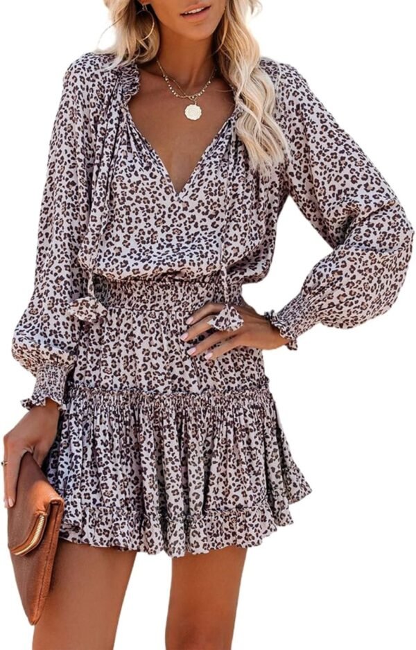 Connecteri  Womens Summer Dresses 2024 Boho Floral Drawstring V Neck Smocked Long Sleeve Ruffle Tiered Chiffon Mini Short Dress