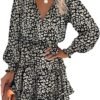Connecteri  Womens Summer Dresses 2024 Boho Floral Drawstring V Neck Smocked Long Sleeve Ruffle Tiered Chiffon Mini Short Dress