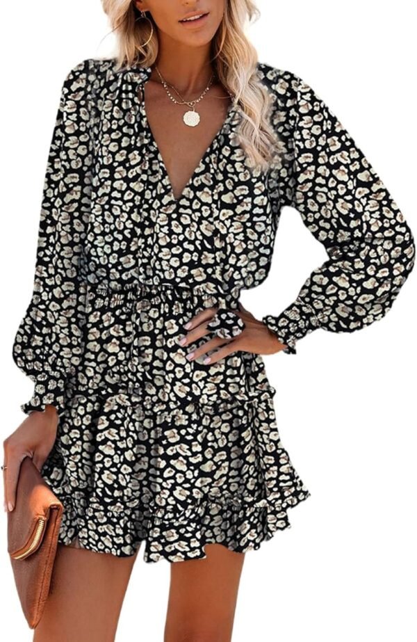 Connecteri  Womens Summer Dresses 2024 Boho Floral Drawstring V Neck Smocked Long Sleeve Ruffle Tiered Chiffon Mini Short Dress