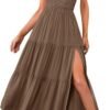 Connecteri  Women's Summer One Shoulder Sleeveless Knot Smocked Midi Dress Split Tiered Flowy Dresses