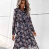 Connecteri  Work Dresses for Women 2023 Long Sleeves Chiffon Black Dress Retro Pleated Buttons Down Bow Tie Loose Causal Dresses