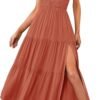 Connecteri  Women's Summer One Shoulder Sleeveless Knot Smocked Midi Dress Split Tiered Flowy Dresses