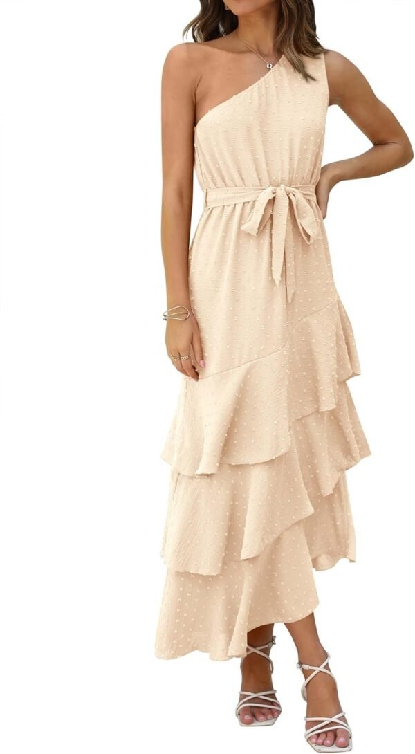 Connecteri?Womens Summer Floral One Shoulder Tiered Ruffle Flowy Midi Beach Boho Dress