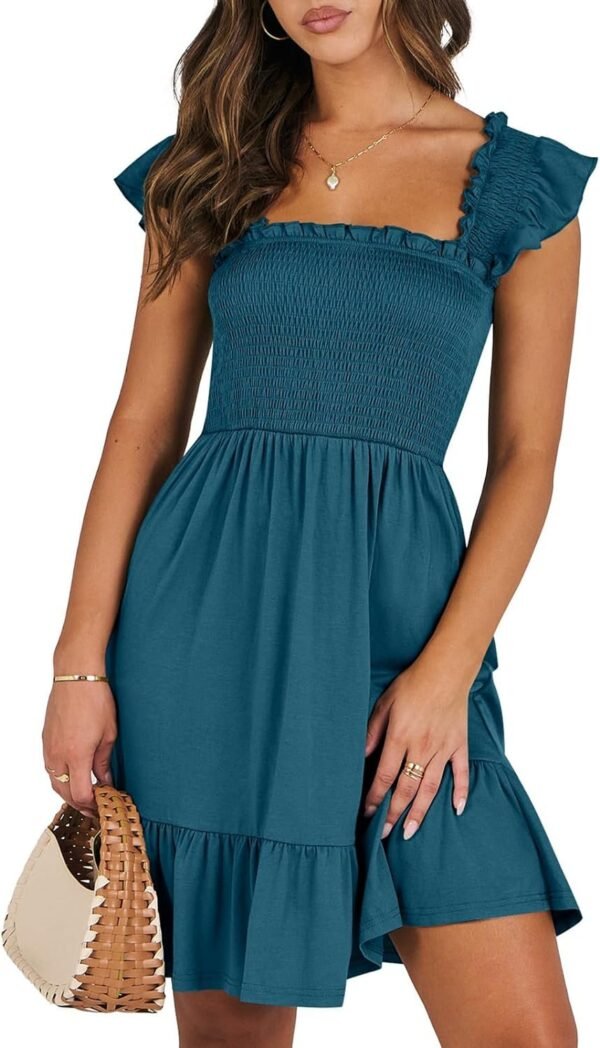 Connecteri  Womens Summer Casual Sleeveless Square Neck Smocked Ruffle Backless Boho Mini Dress 2024 Trendy Short Sundress
