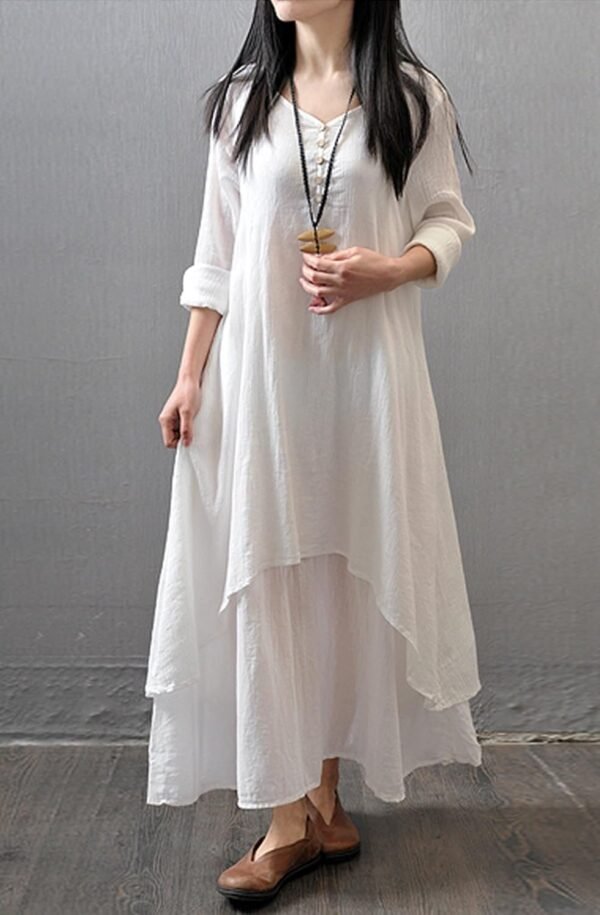 Connecteri  Women Long Sleeve Cotton Casual Loose Plus Size Irregular Long Dresses