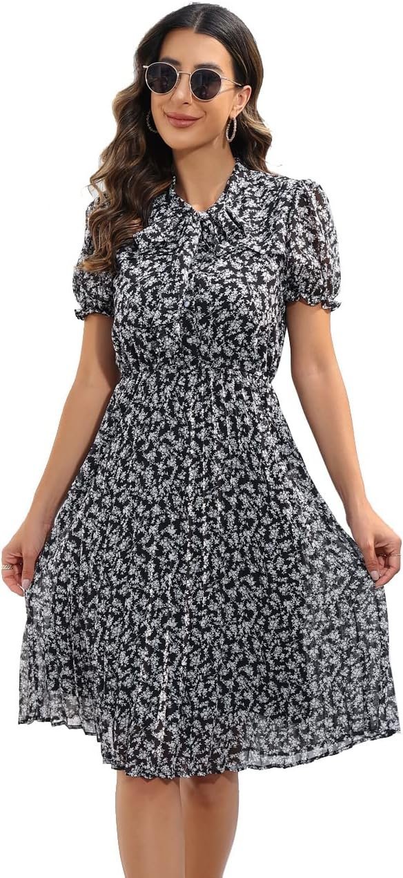 Connecteri  Work Dresses for Women 2023 Long Sleeves Chiffon Black Dress Retro Pleated Buttons Down Bow Tie Loose Causal Dresses