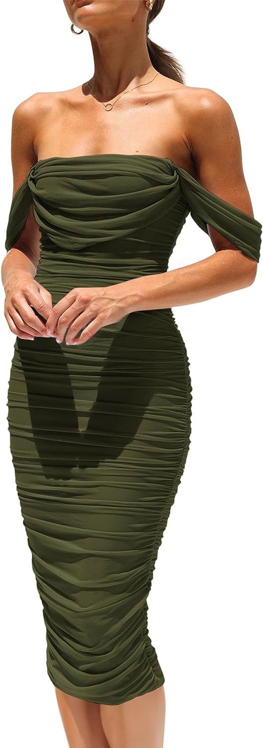 Connecteri?Womens Summer Off The Shoulder Ruched Bodycon Dresses Sleeveless Fitted Party Club Midi