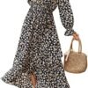 Connecteri  Women Long Sleeve Wrap Maxi Dress V Neck Boho Floral High Waist Flowy Ruffle 2024 Spring Summer Dresses with Belt