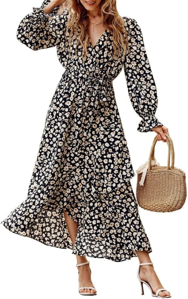 Connecteri  Women Long Sleeve Wrap Maxi Dress V Neck Boho Floral High Waist Flowy Ruffle 2024 Spring Summer Dresses with Belt