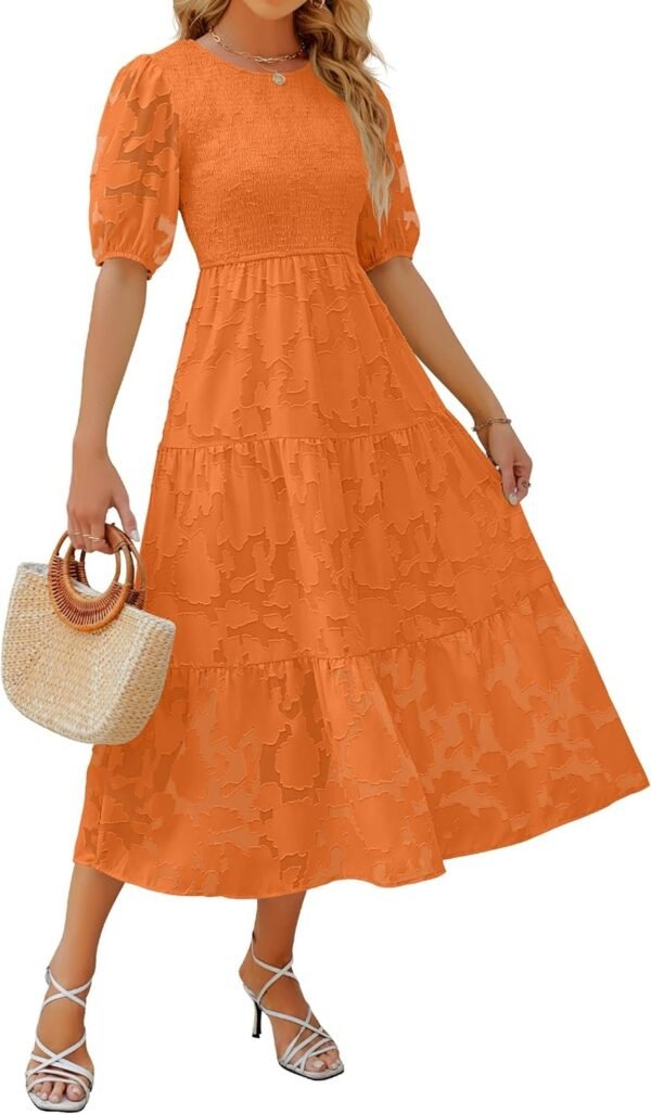 Connecteri Women's 2024 Summer Short Puff Sleeve Crewneck Smocked Floral Lace Flowy A Line Tiered Maxi Dresses