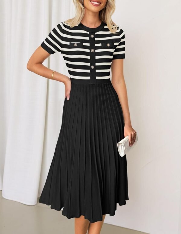 Connecteri Women's Casual Striped Midi Dress Crewneck Short Sleeve Button Ribbed Knit Swing Pleated A Line Dresses