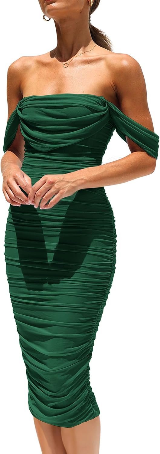 Connecteri?Womens Summer Off The Shoulder Ruched Bodycon Dresses Sleeveless Fitted Party Club Midi