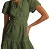 Connecteri  Womens 2024 Summer Short Dress V Neck Short Sleeve A Line Hollow Out Lace Ruffle Cute Casual Beach Party Dresses