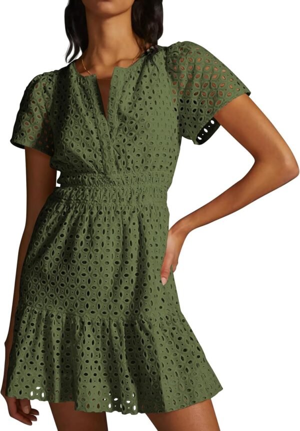 Connecteri  Womens 2024 Summer Short Dress V Neck Short Sleeve A Line Hollow Out Lace Ruffle Cute Casual Beach Party Dresses