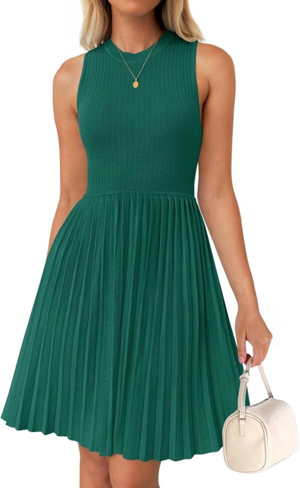 Connecteri Women's Summer Sleeveless Mini Dress 2024 Crewneck Knit A Line Pleated Swing Casual Basic Short Dress