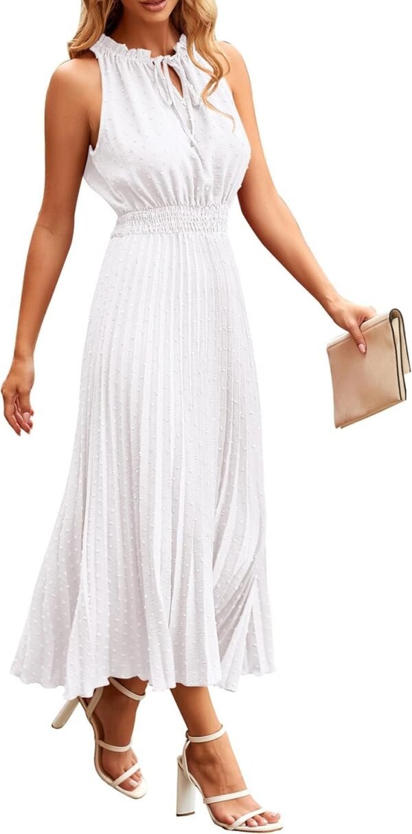 Connecteri?Womens Midi Summer V Neck Swiss Dot Ruffle Sleeveless A Line Beach Sun Dress