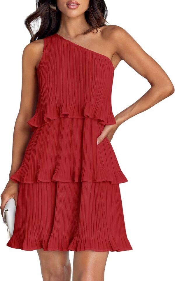 Connecteri Women's 2024 Summer Sleeveless Mini Dress Boho One Shoulder Ruffle Tiered Layered Chiffon Flowy A Line Dresses