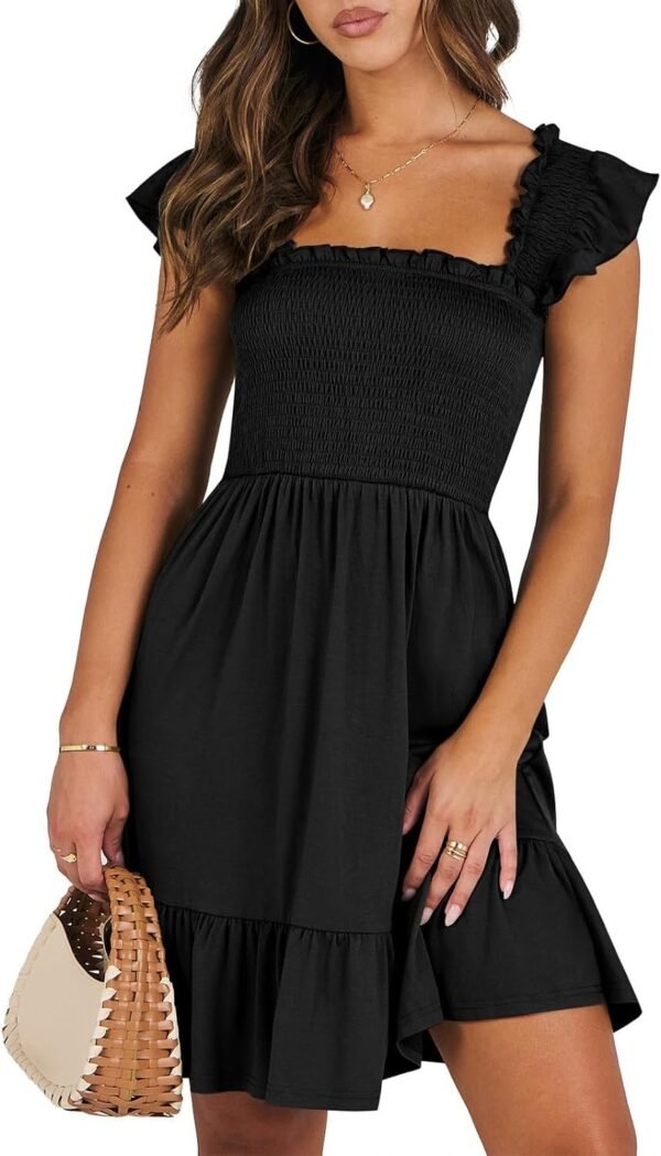 Connecteri  Womens Summer Casual Sleeveless Square Neck Smocked Ruffle Backless Boho Mini Dress 2024 Trendy Short Sundress