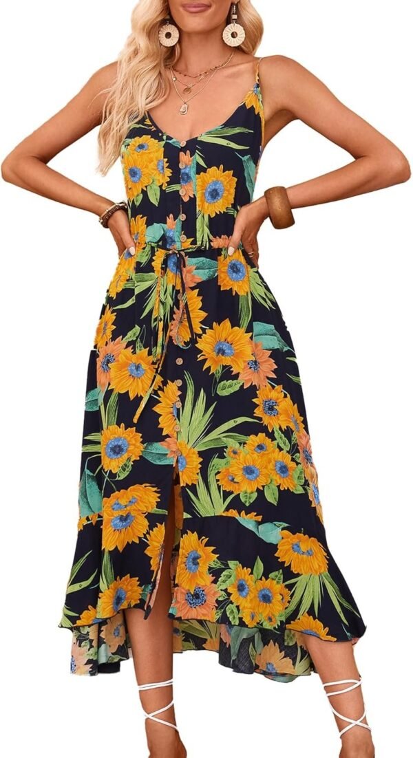 Connecteri  Women's 2024 Summer Casual Boho Sundress Polka Dot Spaghetti Strap V Neck Flowy Midi Dresses