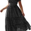 Connecteri  Dresses for Women 2023 Wedding Guest Summer V Neck Short Sleeve Smocked Ruffle Hem A-Line Polka Dot Boho Maxi Dress