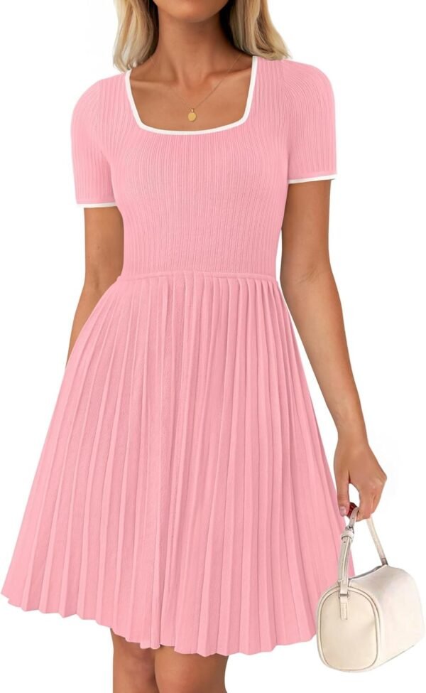 Connecteri Women's Ribbed Square Neck Color Block Pleated Mini Dress Short Sleeve A Line Knit Short Dresses