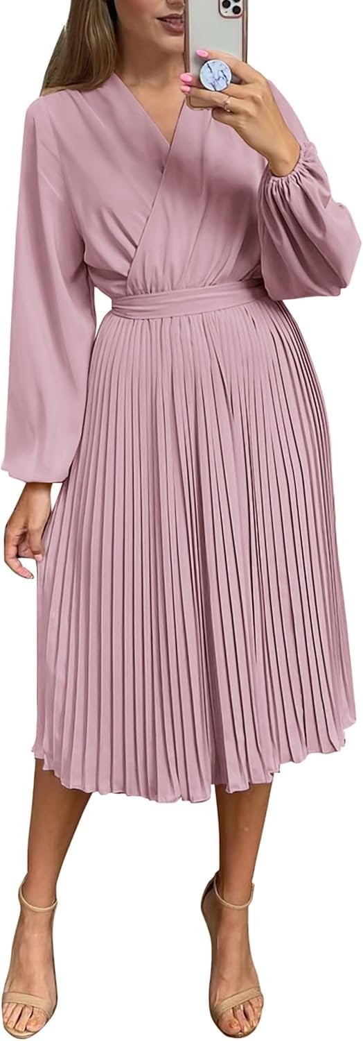 Connecteri  Womens V Neck Flowy Ruffle Pleated Casual Fall Dress