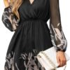 Connecteri  Women's Floral Print Chiffon A-Line Mini Dress Long Peasant Sleeves