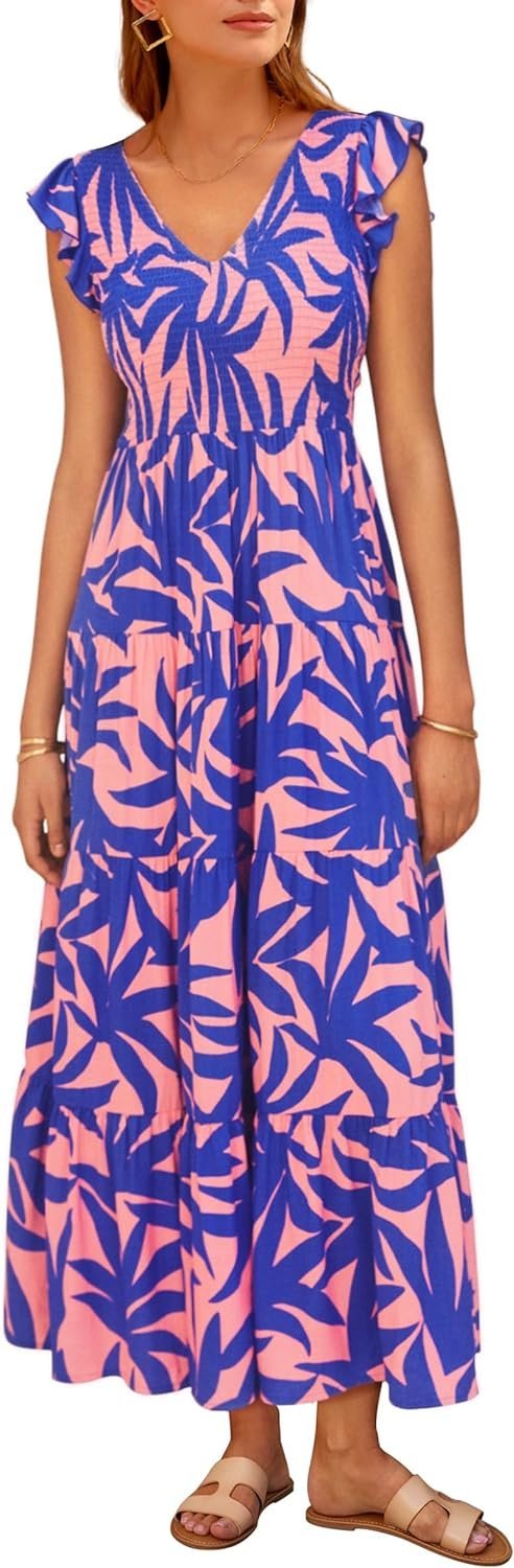 Connecteri  Womens Cap Sleeve V Neck Smocked Beach Sundress