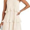 Connecteri Women's 2024 Summer Sleeveless Mini Dress Boho One Shoulder Ruffle Tiered Layered Chiffon Flowy A Line Dresses