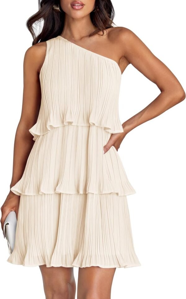 Connecteri Women's 2024 Summer Sleeveless Mini Dress Boho One Shoulder Ruffle Tiered Layered Chiffon Flowy A Line Dresses