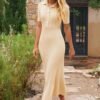 Connecteri  Women's V Neck Ribbed Knit Maxi Dress Button Short Sleeve Slim Fit Bodycon Sweater Dress