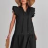 Connecteri  Womens Summer V-Neck Drawstring Ruffle Cap Short Sleeve Casual Shift Mini Dress with Pockets