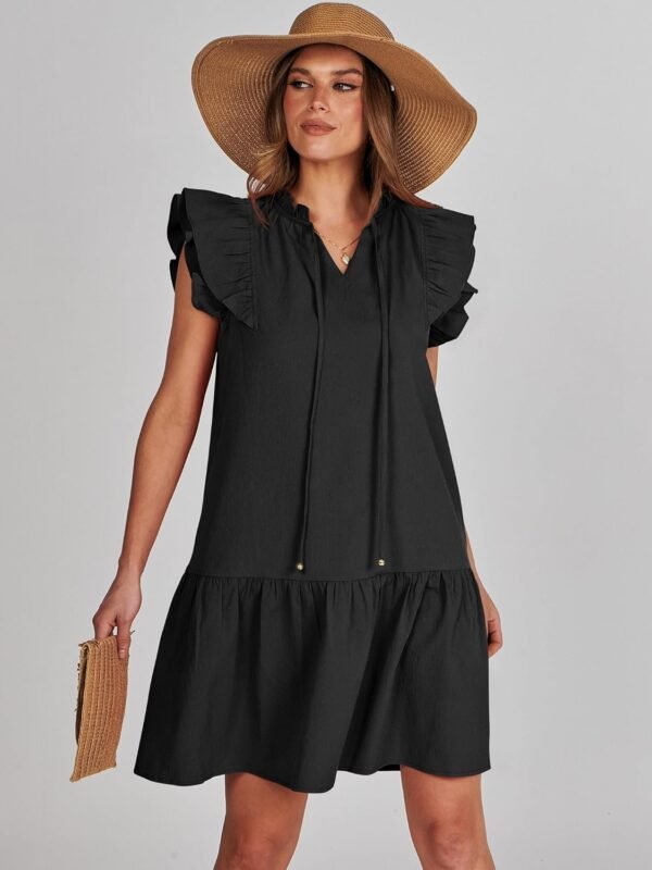 Connecteri  Womens Summer V-Neck Drawstring Ruffle Cap Short Sleeve Casual Shift Mini Dress with Pockets