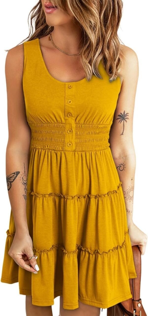 Connecteri  Womens Summer Dresses 2024 Sleeveless Button Down Smocked Elastic Waist Ruffle Tiered Casual Swing Mini Dress