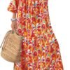Connecteri  Womens Loose Fit Casual Summer V Neck Half Sleeve Bohemian Geometric Pattern Maxi Long Dresses