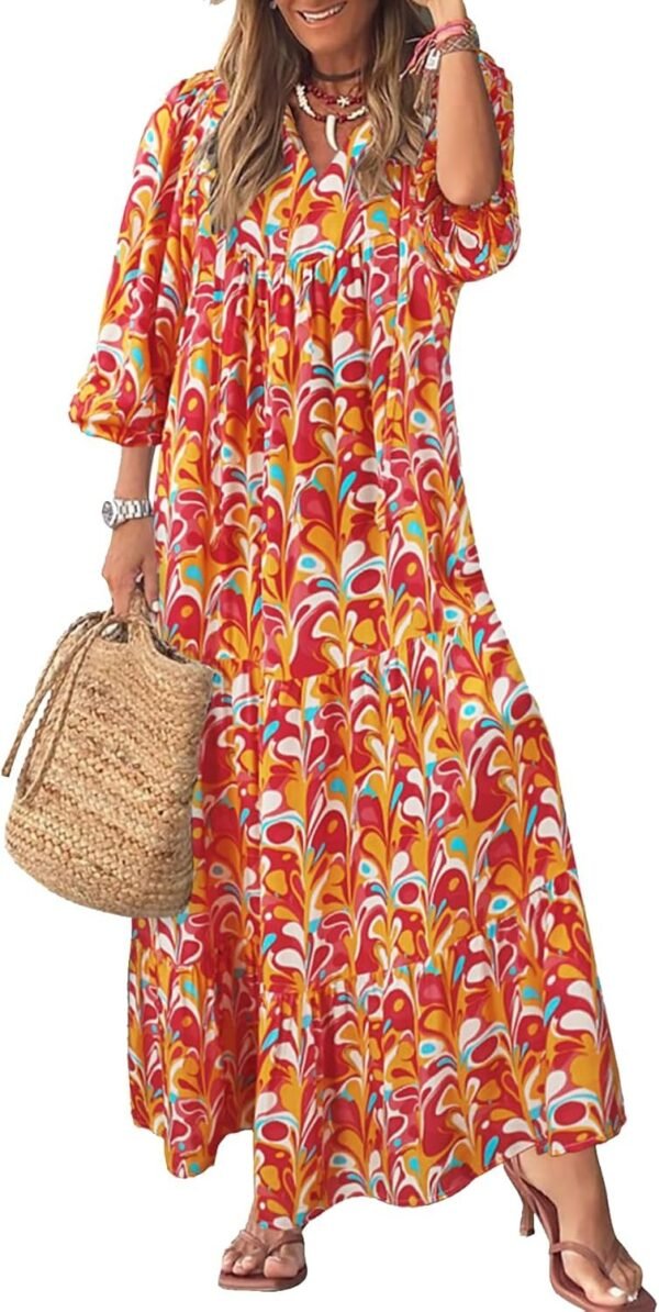Connecteri  Womens Loose Fit Casual Summer V Neck Half Sleeve Bohemian Geometric Pattern Maxi Long Dresses