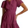 Connecteri  Womens 2024 Summer Short Dress V Neck Short Sleeve A Line Hollow Out Lace Ruffle Cute Casual Beach Party Dresses